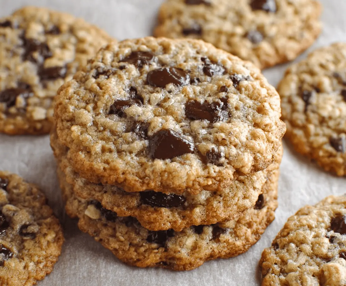 Homemade oatmeal chocolate chip cookies fresh out of the oven, showcasing chewy texture and chocolate melts.