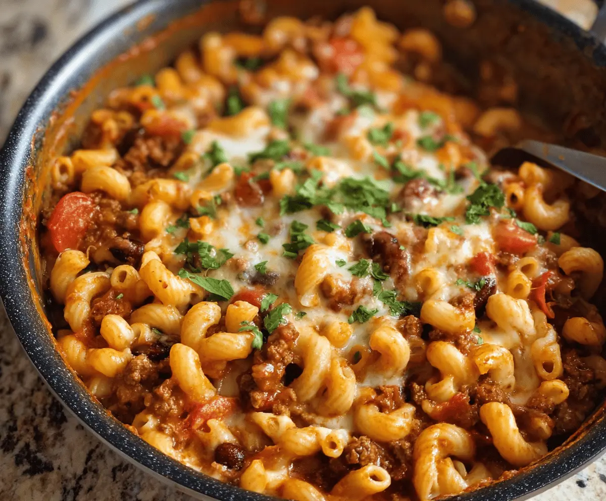 Delicious One Pot Chili Mac and Cheese in a bowl, showcasing a creamy, cheesy pasta topped with spicy chili beans, perfect for quick comfort food. Palate-pleasing meal served hot.