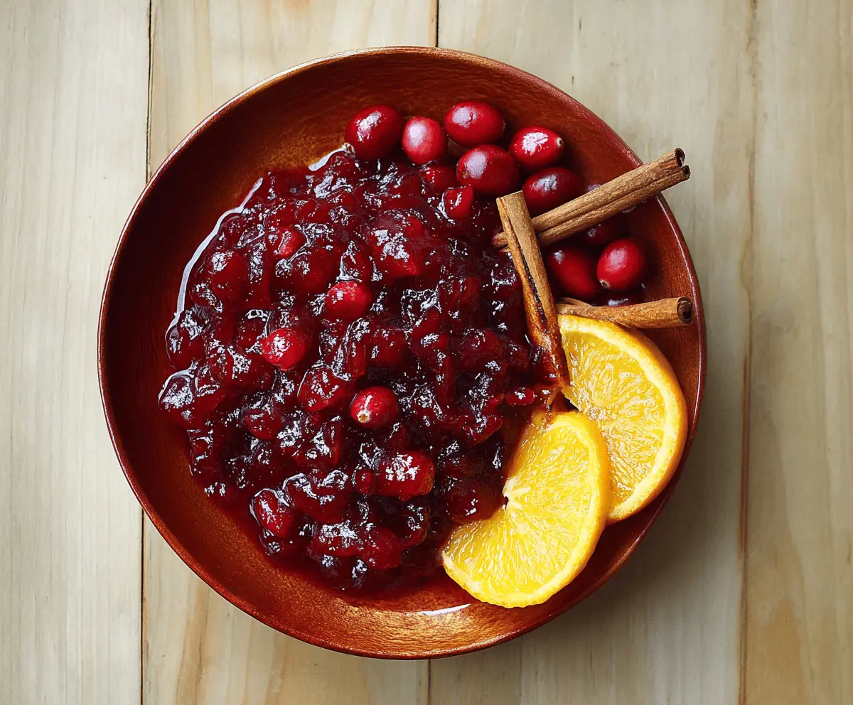 Bright orange cranberry sauce with cinnamon sticks and fresh cranberries on a festive plate.