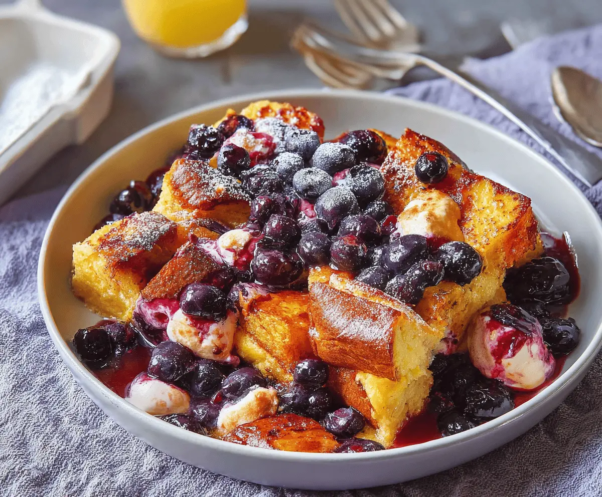 Delicious overnight blueberry French toast topped with fresh blueberries and syrup.