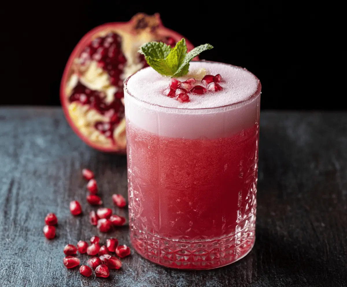Refreshing Pomegranate Gin Fizz in a cocktail glass with pomegranate seeds and mint garnish.