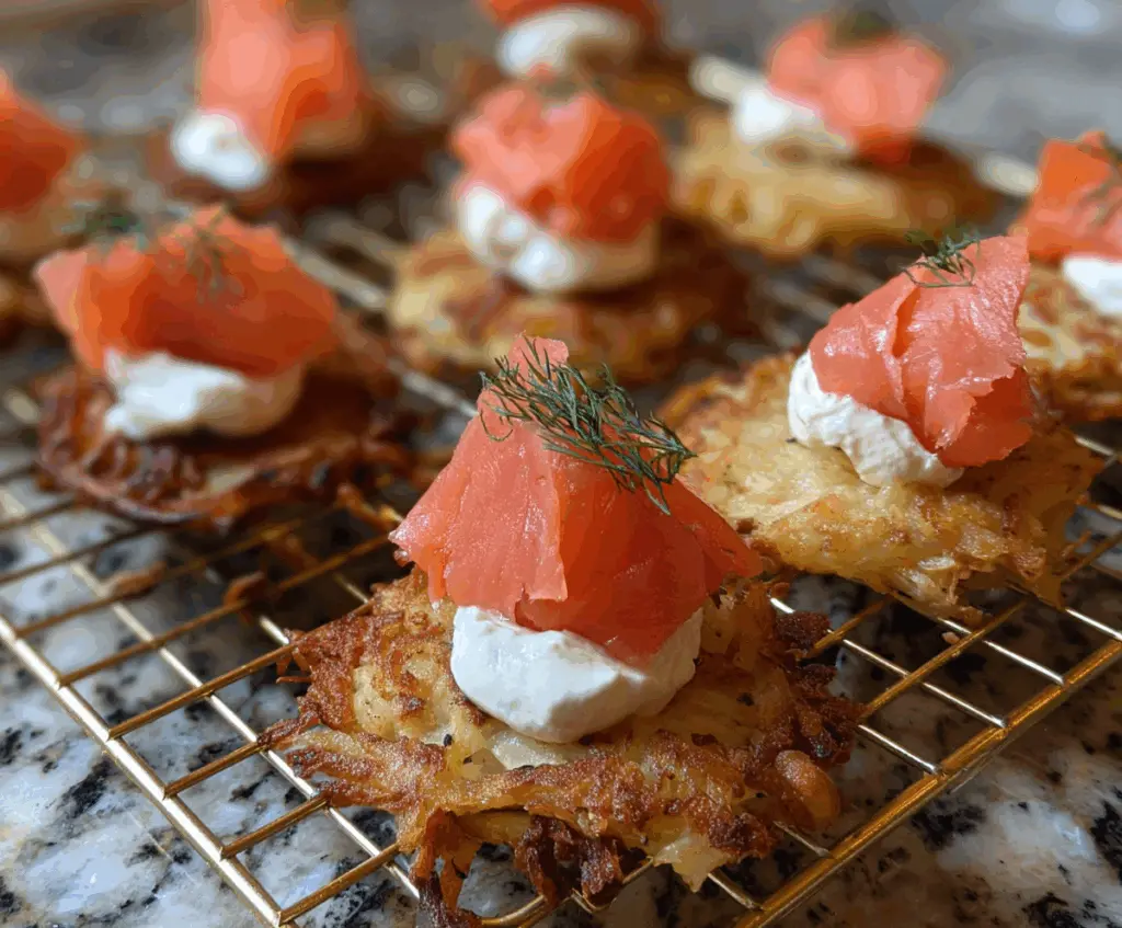 Delicious potato latke bites topped with smoked salmon and fresh herbs, perfect for appetizers or parties.