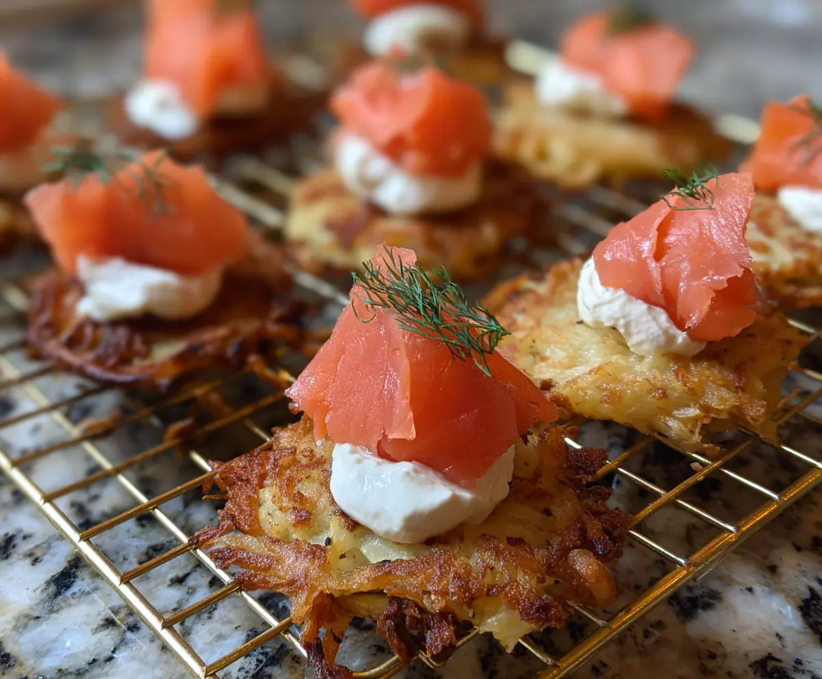Delicious potato latke bites topped with smoked salmon and fresh herbs, perfect for appetizers or parties.