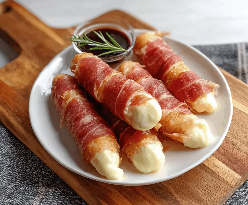 Delicious prosciutto wrapped mozzarella sticks served as a crispy appetizer.