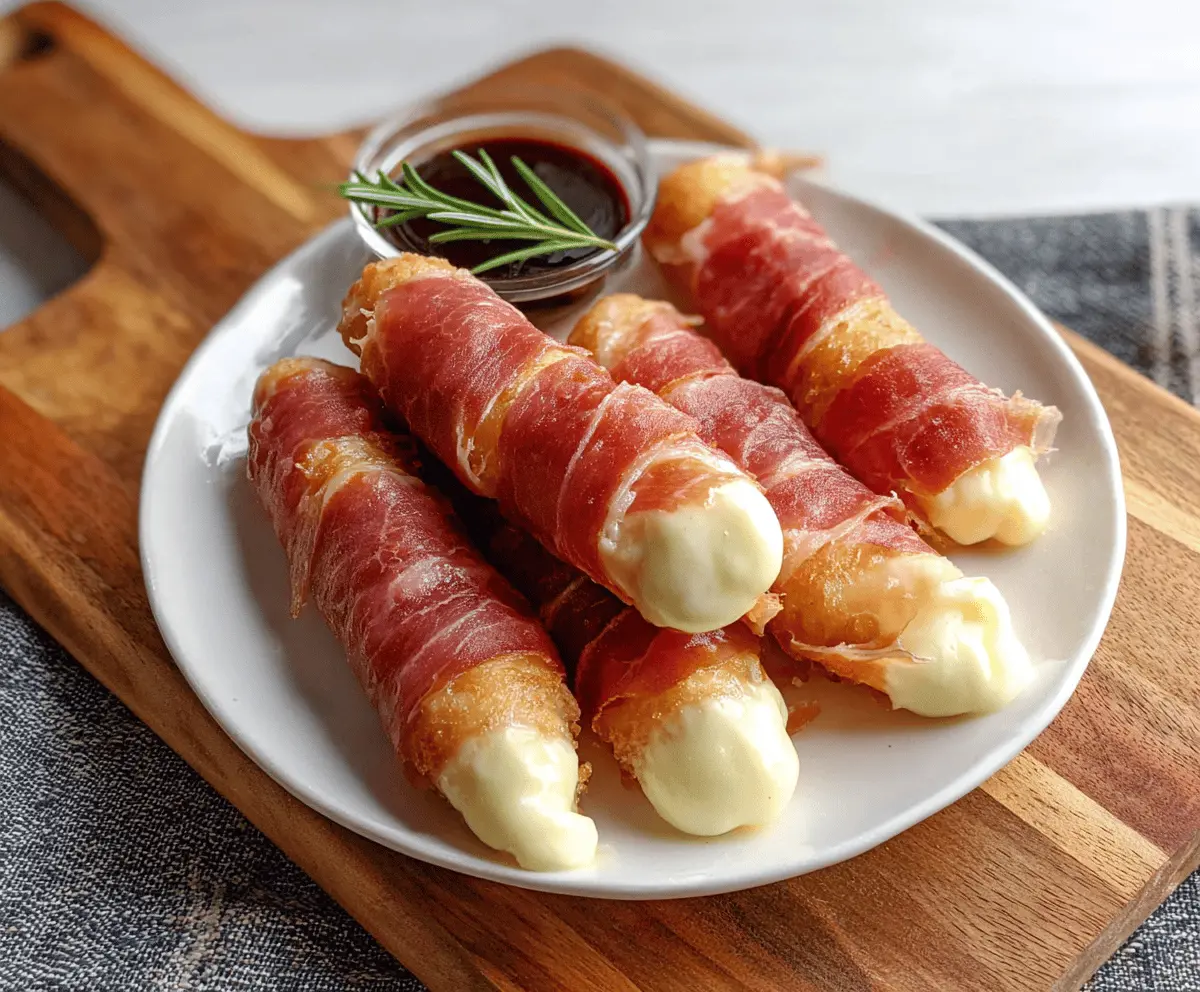 Delicious prosciutto wrapped mozzarella sticks served as a crispy appetizer.