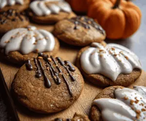 Homemade pumpkin gingerbread cookies decorated with icing and spices on a festive plate.