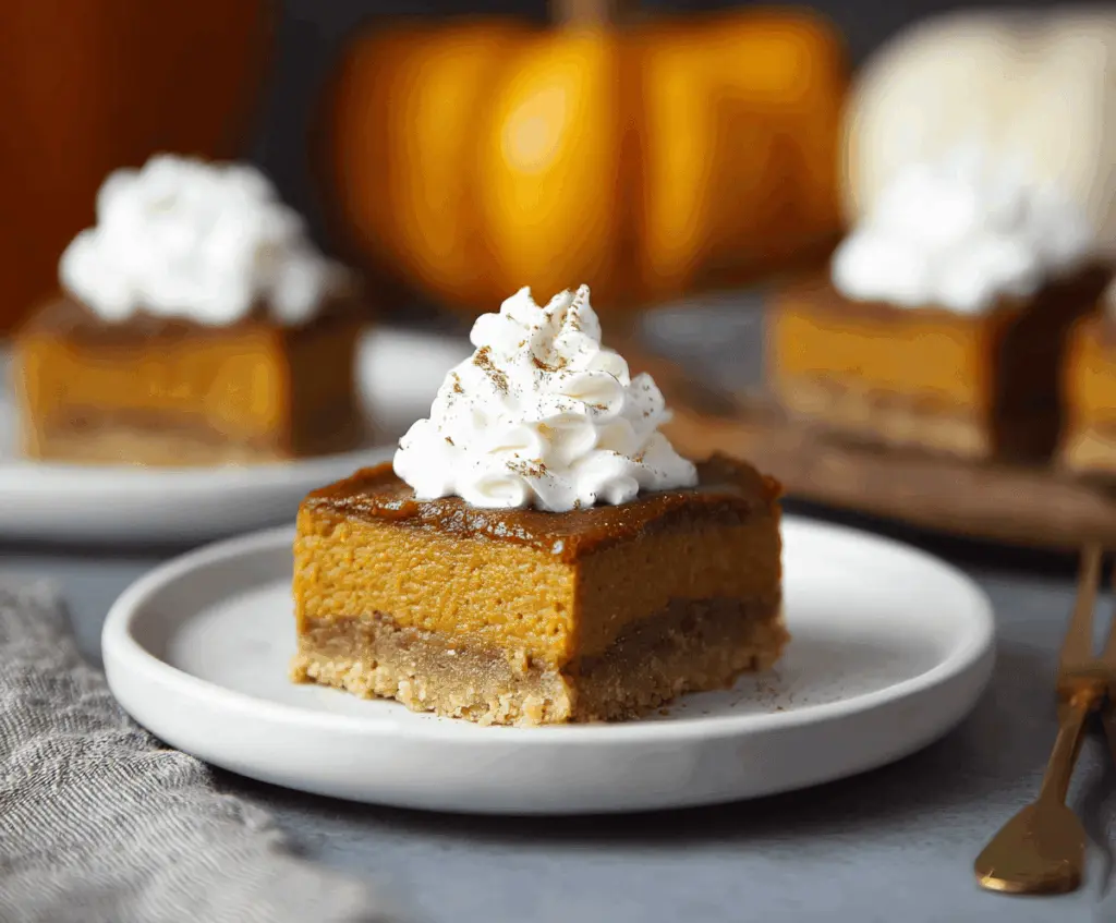 Delicious homemade pumpkin pie bars with a golden crust and spiced pumpkin filling.