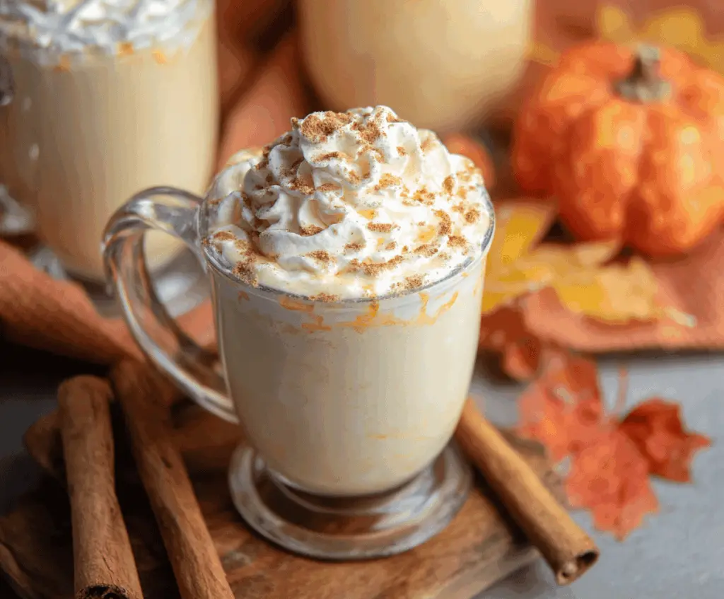 Creamy pumpkin white hot chocolate topped with whipped cream and a sprinkle of cinnamon.