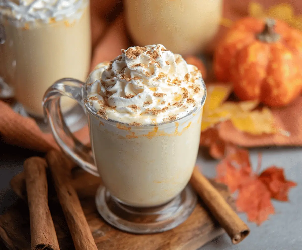 Creamy pumpkin white hot chocolate topped with whipped cream and a sprinkle of cinnamon.