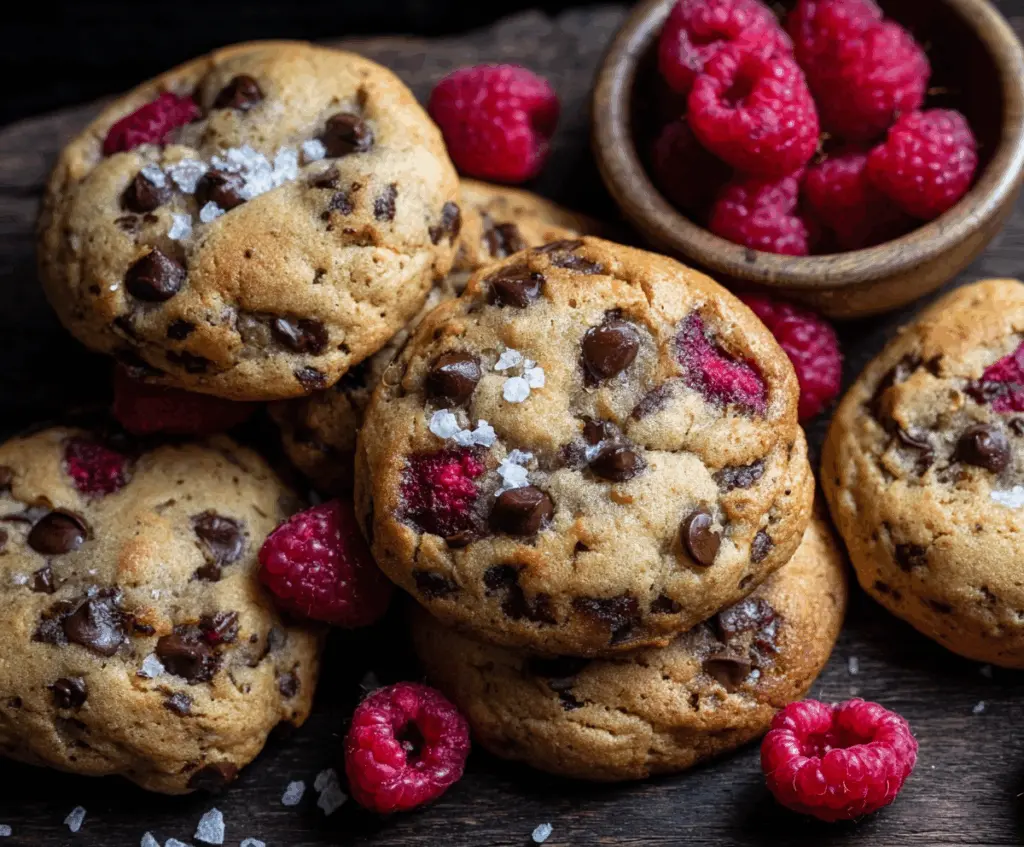 Delicious homemade Raspberry and Chocolate Chip Cookies on a plate, perfect for snacking or sharing.