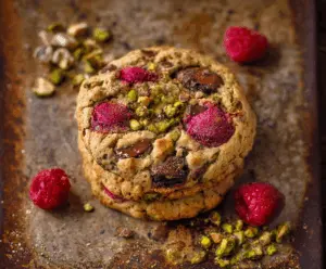 Delicious raspberry and pistachio cookies with a vibrant berry topping and crunchy nut topping