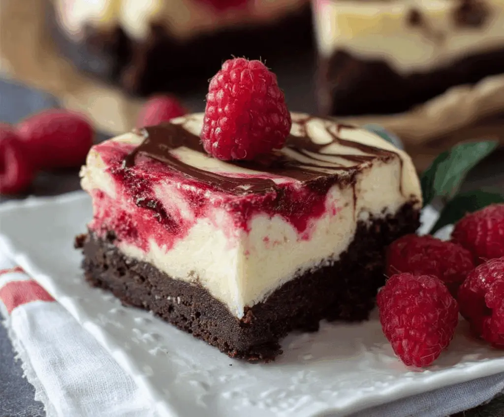 Delicious Raspberry Brownie Cheesecake with a rich chocolate crust, fresh raspberries, and creamy cheesecake topping.
