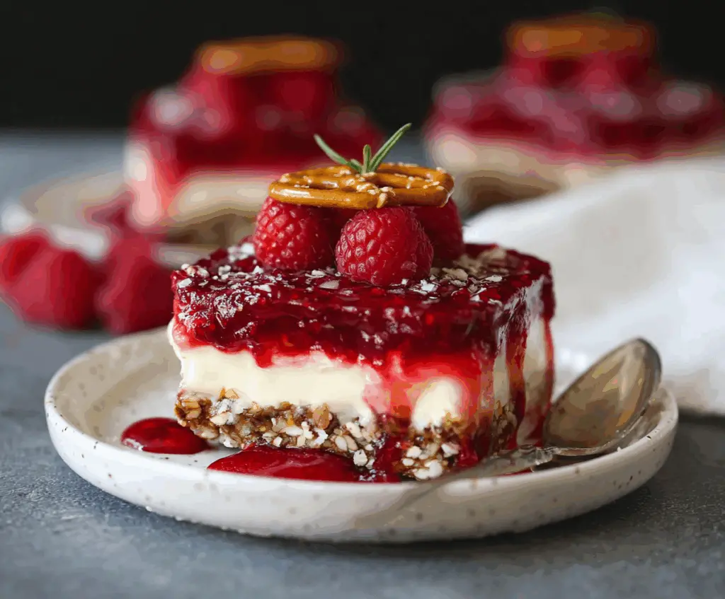 Delicious Raspberry Pretzel Dessert with creamy layers and fresh raspberries