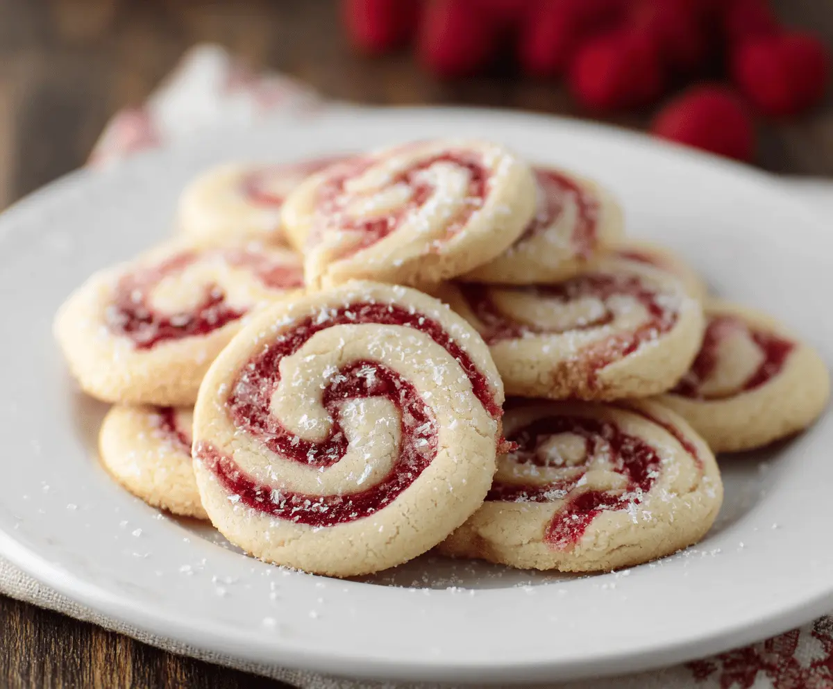 Delicious Raspberry Swirl Cookies with vibrant red raspberry filling and a golden-brown cookie base.