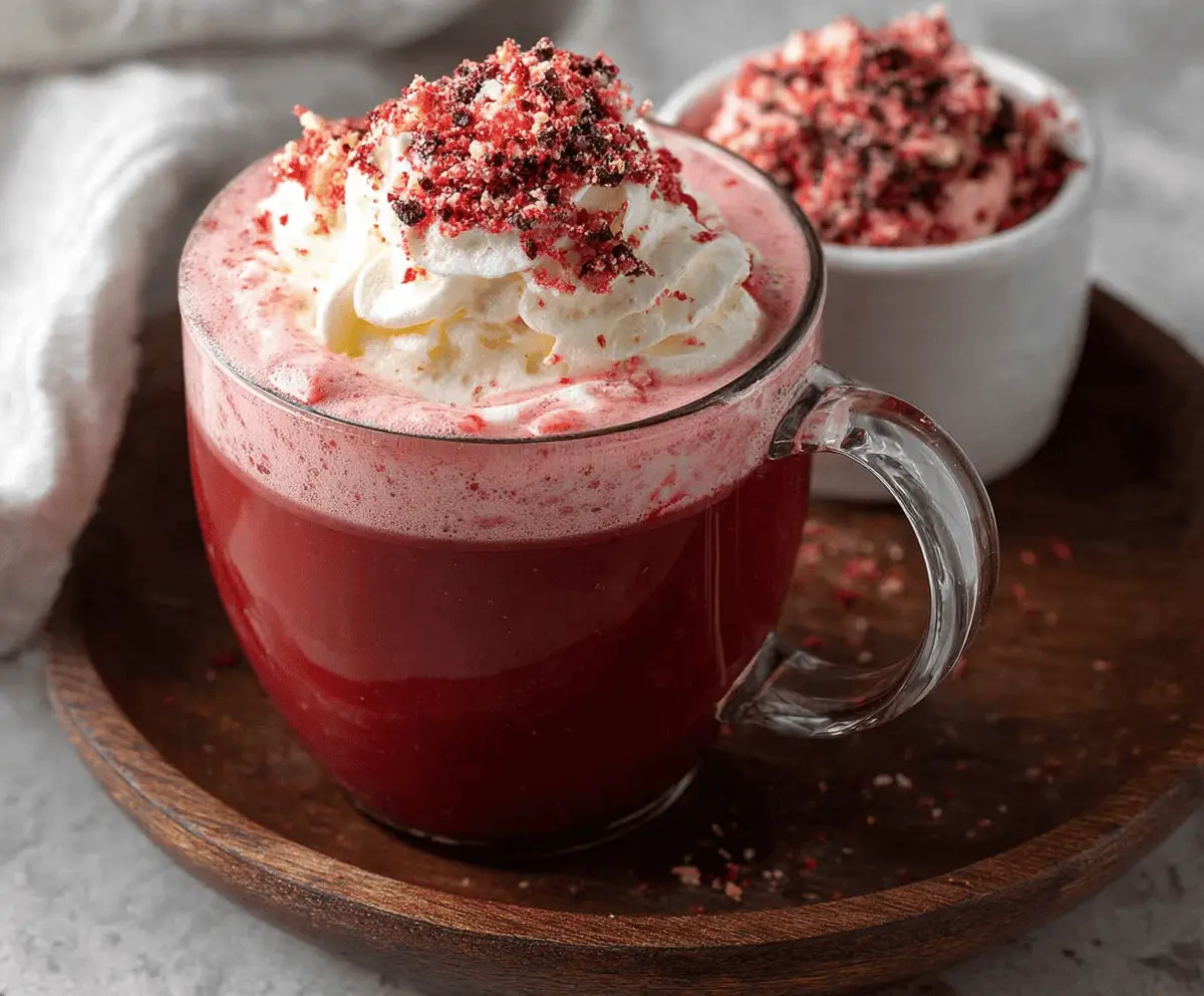 Creamy red velvet hot chocolate topped with whipped cream and chocolate shavings in a cozy mug.
