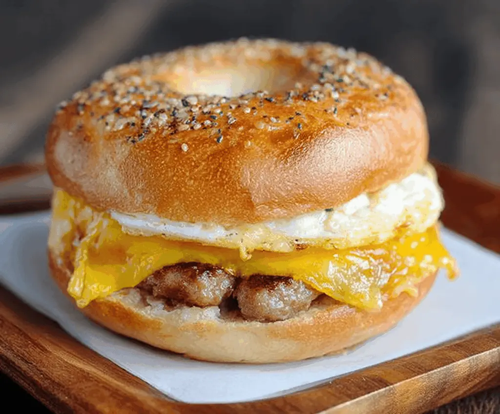 Delicious sausage and egg breakfast bagel with melted cheese on a toasted bagel halves.