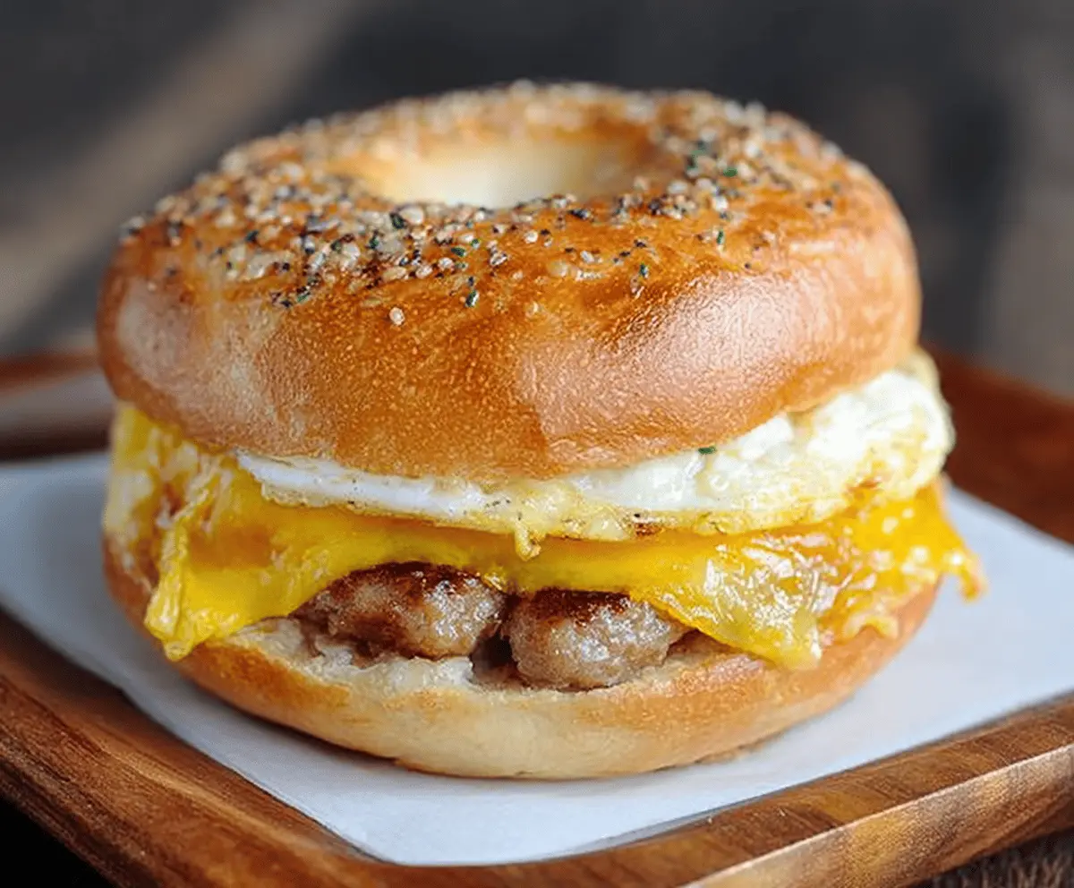 Delicious sausage and egg breakfast bagel with melted cheese on a toasted bagel halves.