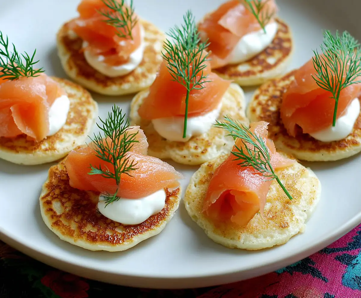 Delicious smoked salmon served on crispy blini bites with fresh dill and cream cheese.