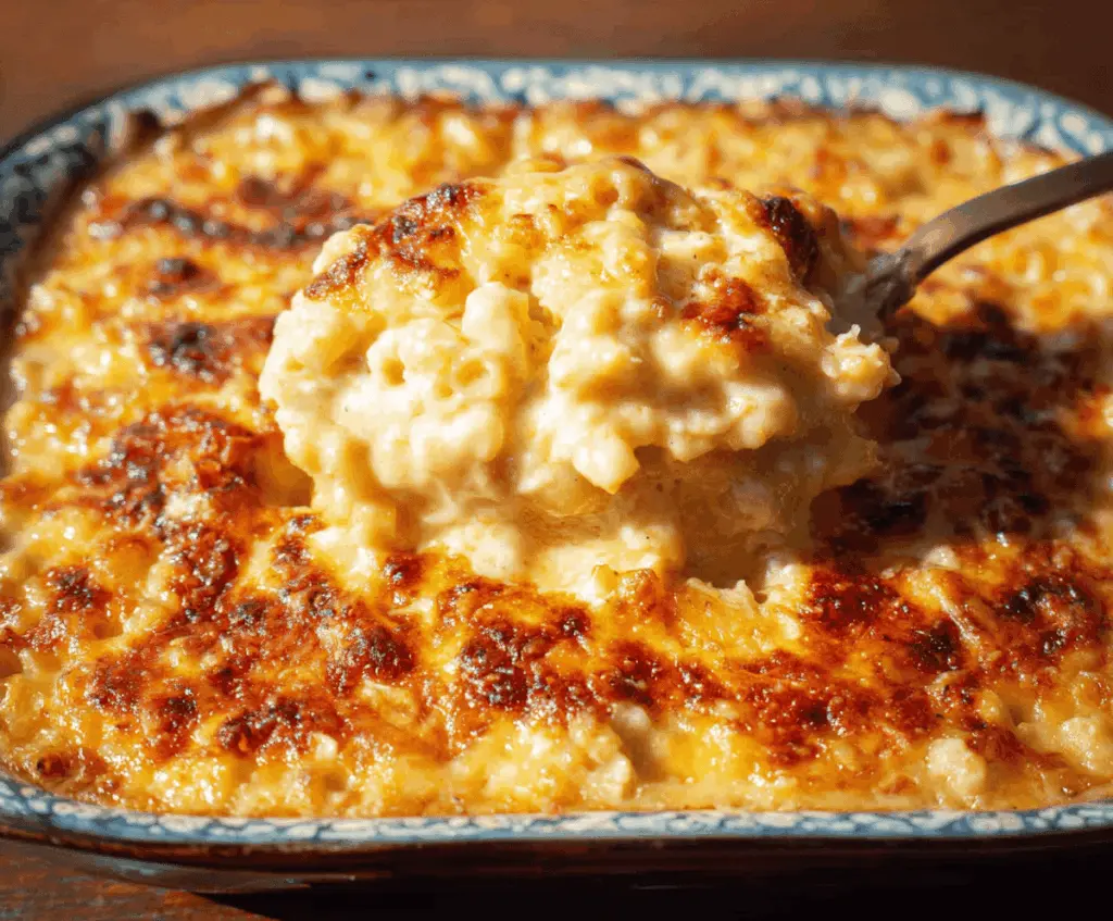 Creamy Southern Baked Mac and Cheese with golden crispy topping, perfect comfort food