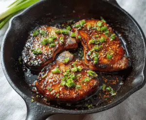 Juicy soy garlic glazed pork chops served on a plate with fresh herbs.