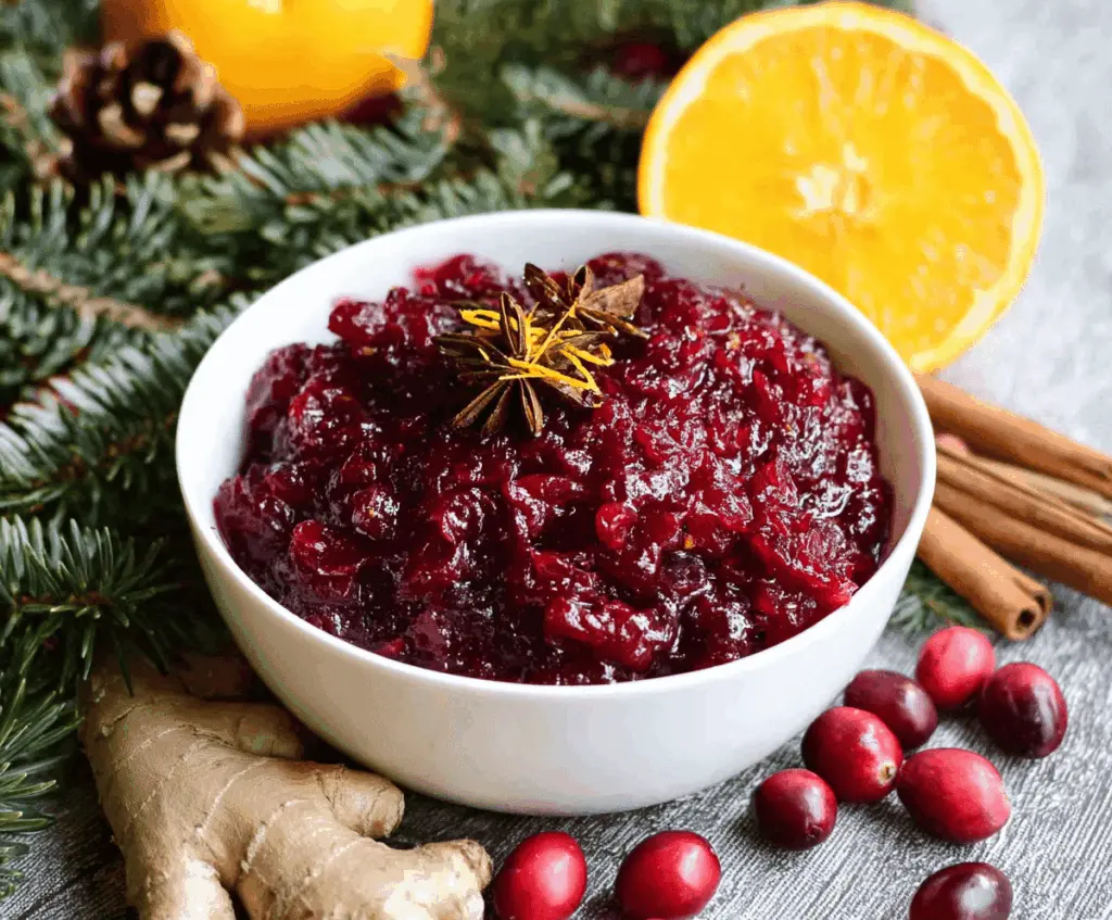 Vibrant spiced cranberry sauce with orange and ginger in a rustic bowl.
