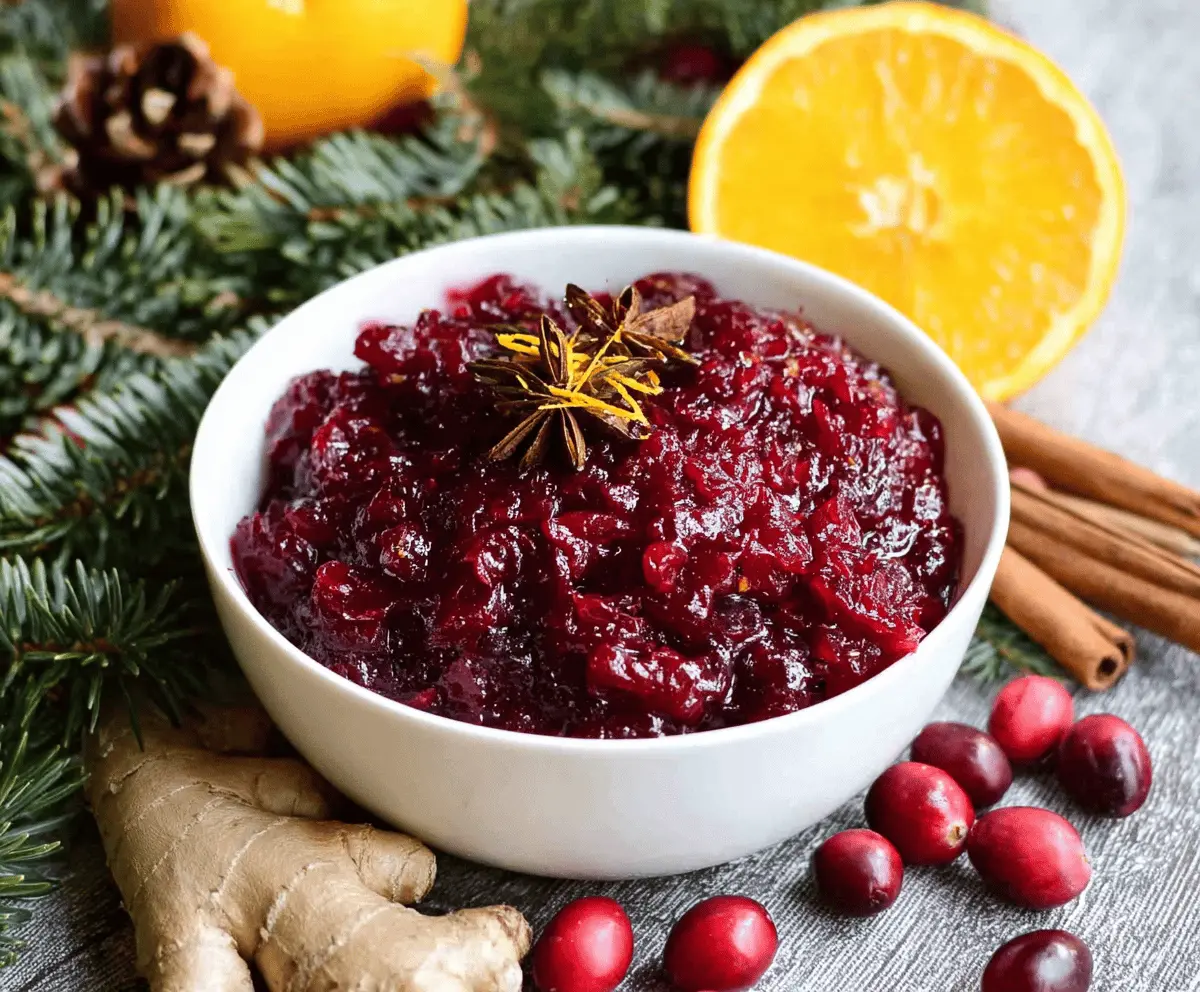 Vibrant spiced cranberry sauce with orange and ginger in a rustic bowl.