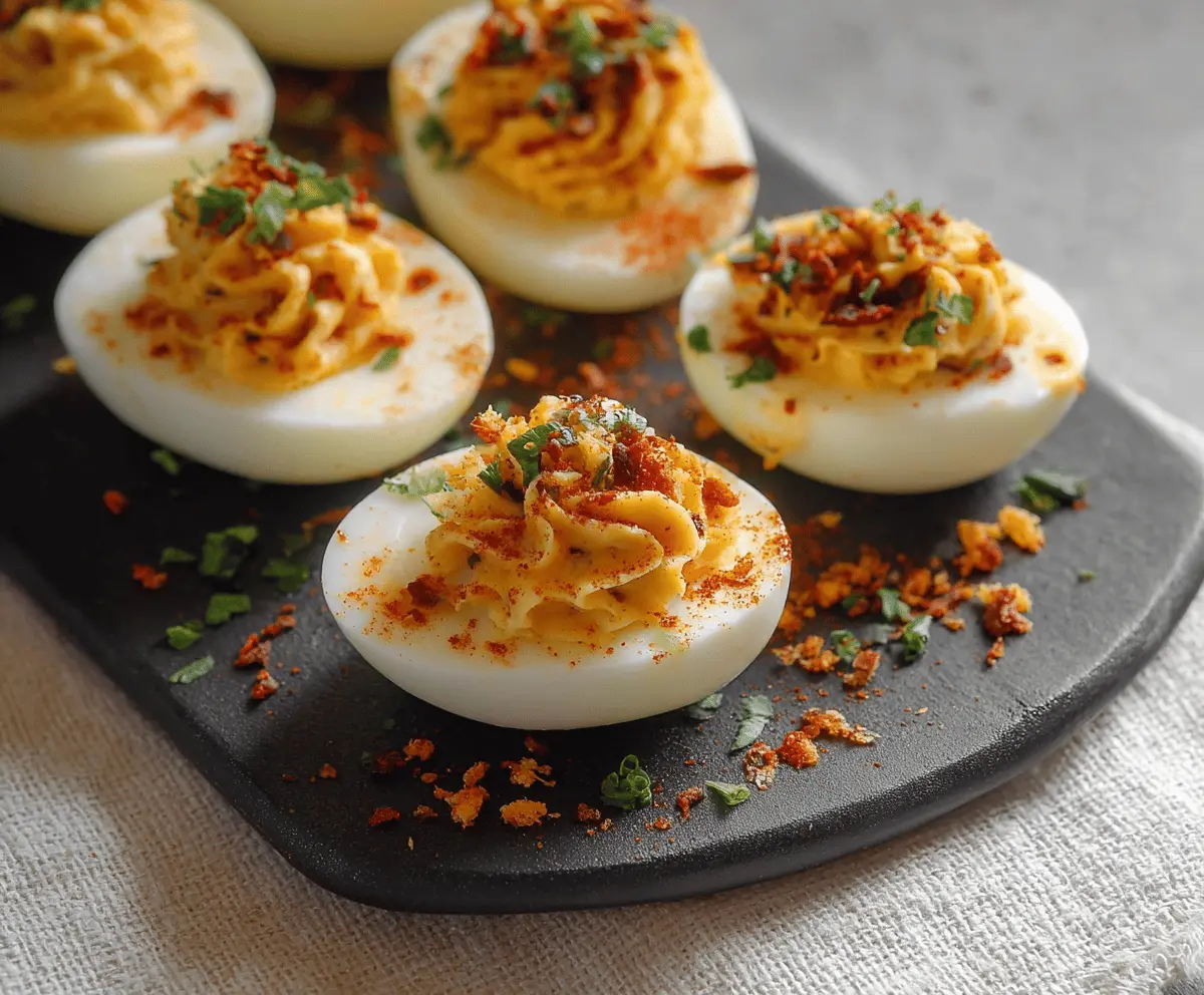 Delicious spicy chili garlic deviled eggs served on a white plate, topped with fresh herbs.