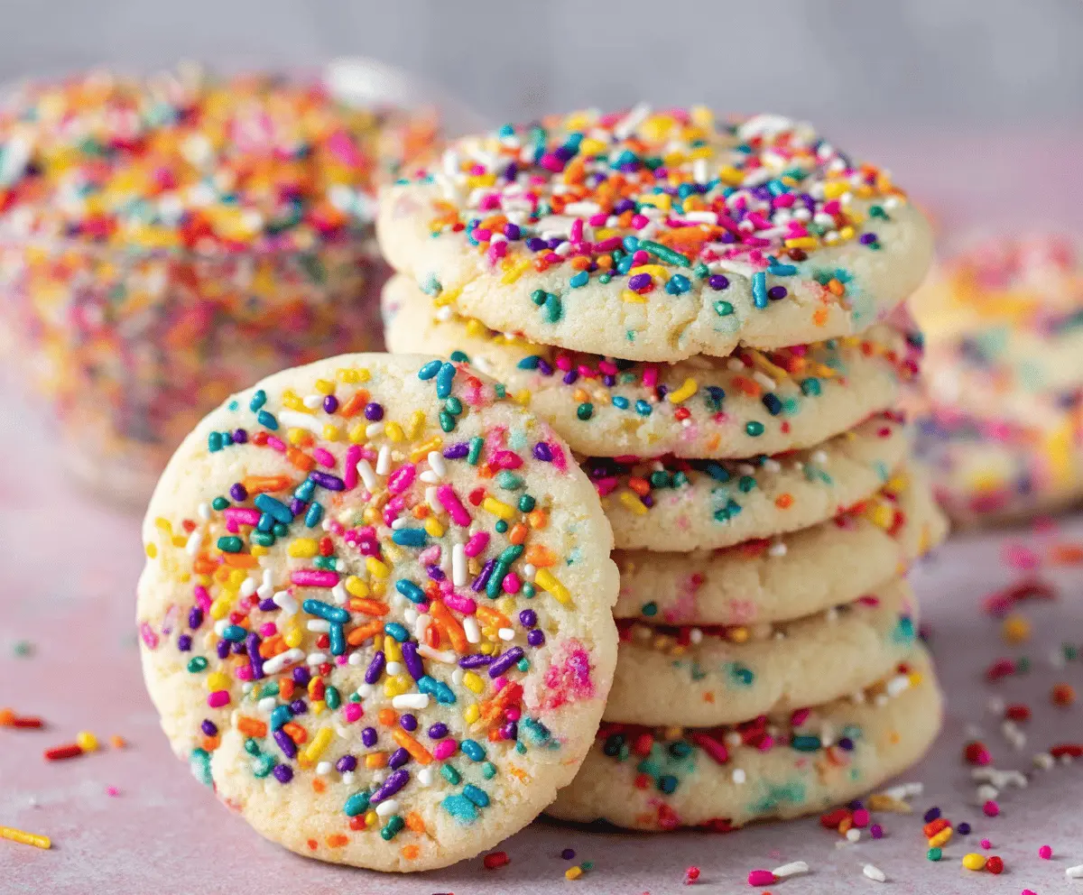 Delicious sprinkle sugar cookies with colorful toppings on a baking sheet