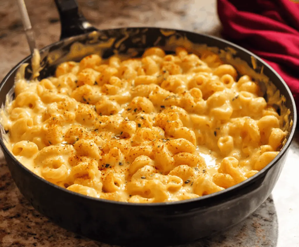 Creamy stovetop mac and cheese served in a bowl, topped with shredded cheese and herbs.