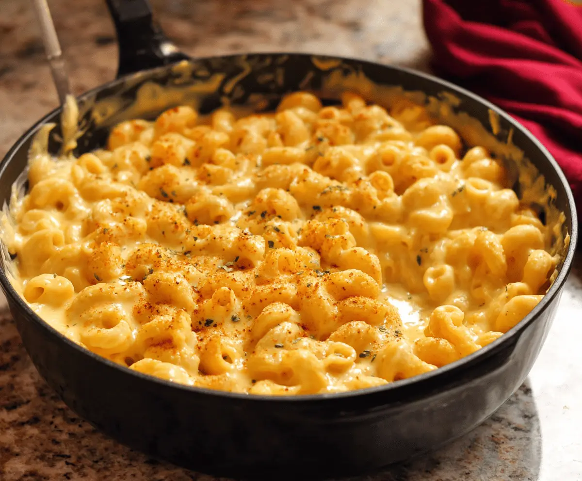 Creamy stovetop mac and cheese served in a bowl, topped with shredded cheese and herbs.