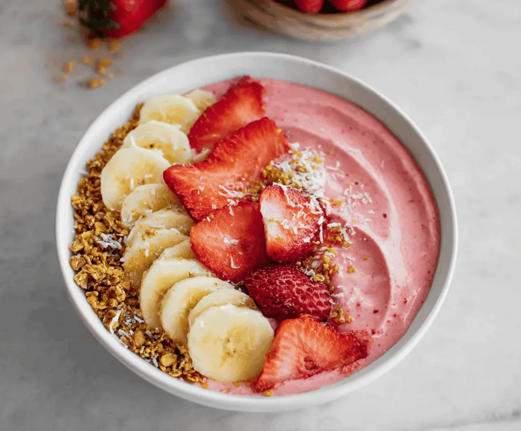 Colorful strawberry banana smoothie bowl topped with fresh fruit and granola, perfect for a healthy breakfast.