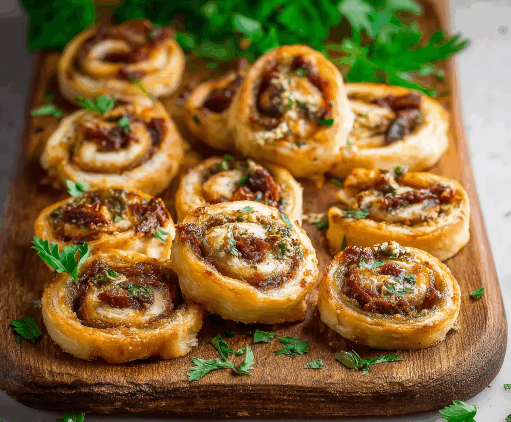 Delicious sun-dried tomato pesto pinwheels arranged on a serving platter, showcasing their vibrant colors and flaky pastry layers.