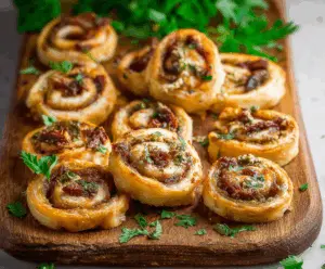 Delicious sun-dried tomato pesto pinwheels arranged on a serving platter, showcasing their vibrant colors and flaky pastry layers.