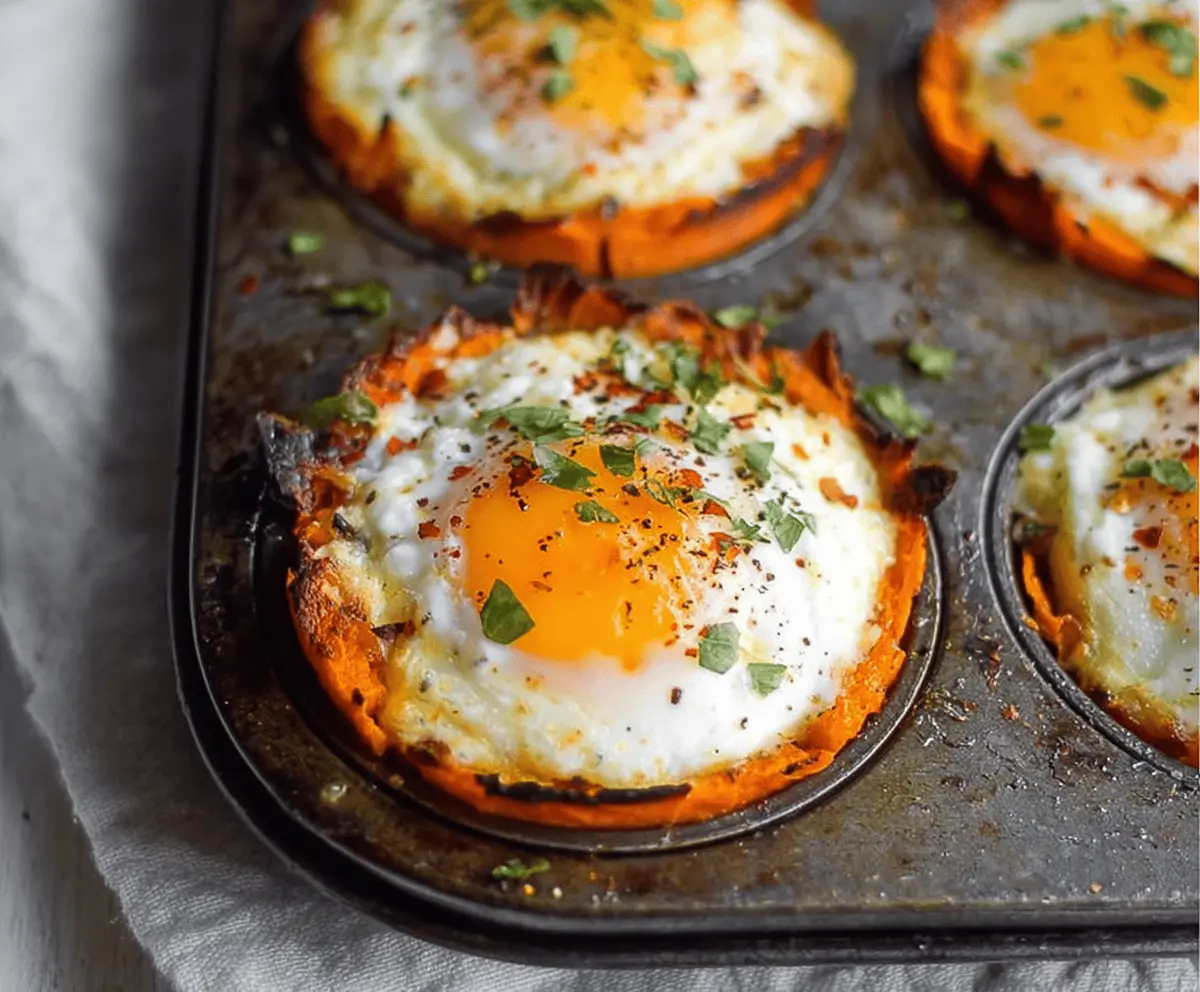 Delicious baked sweet potato egg cups garnished with fresh herbs, perfect for healthy breakfast or brunch.