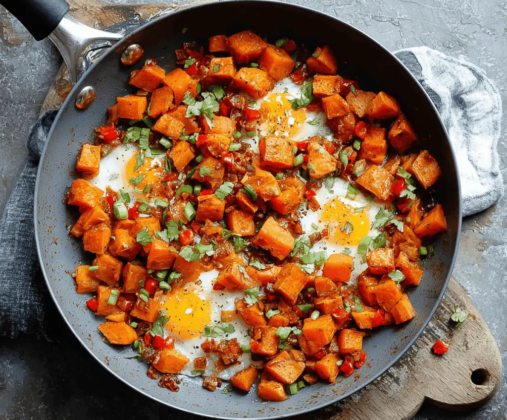 Delicious sweet potato breakfast hash with colorful vegetables and crispy toppings, perfect for a healthy start to your day