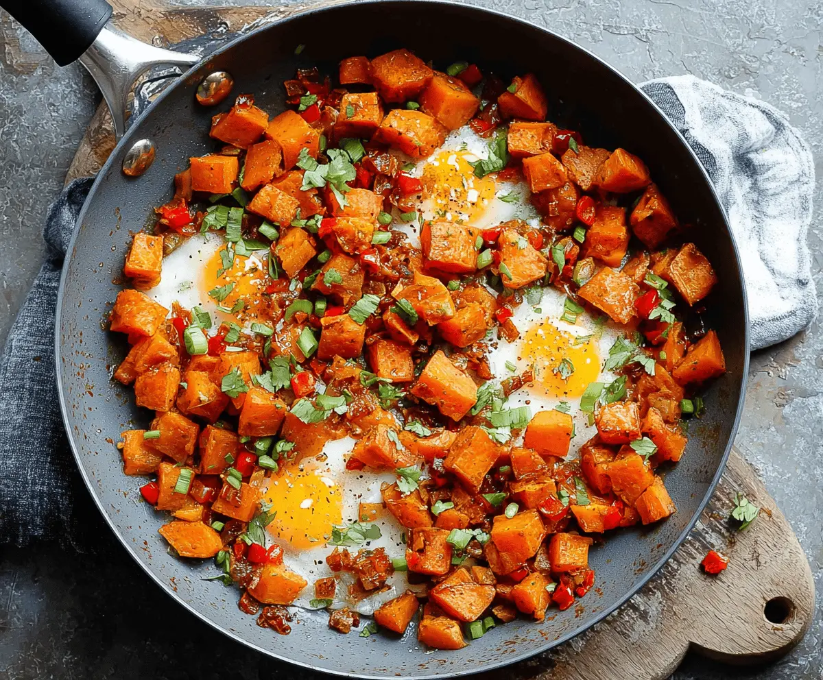 Delicious sweet potato breakfast hash with colorful vegetables and crispy toppings, perfect for a healthy start to your day