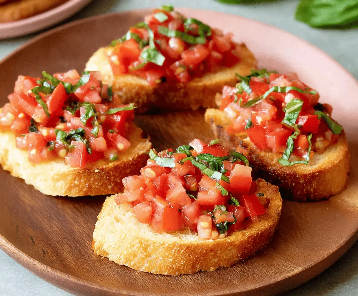 Fresh Tomato Basil Bruschetta with toasted baguette slices, ideal for a flavorful appetizer.