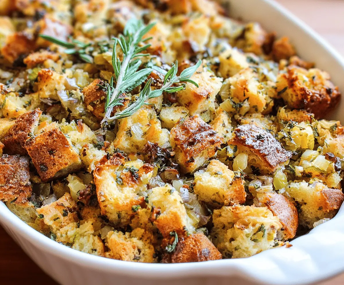 Golden-brown traditional Thanksgiving stuffing with herbs and bread cubes in a serving dish.