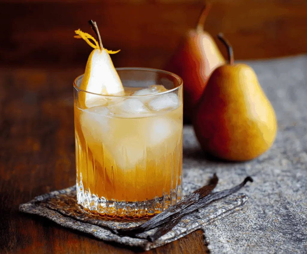 Delicious Vanilla Pear Bourbon Cocktail in a tall glass with garnished pear and vanilla pod, perfect for elegant evenings.