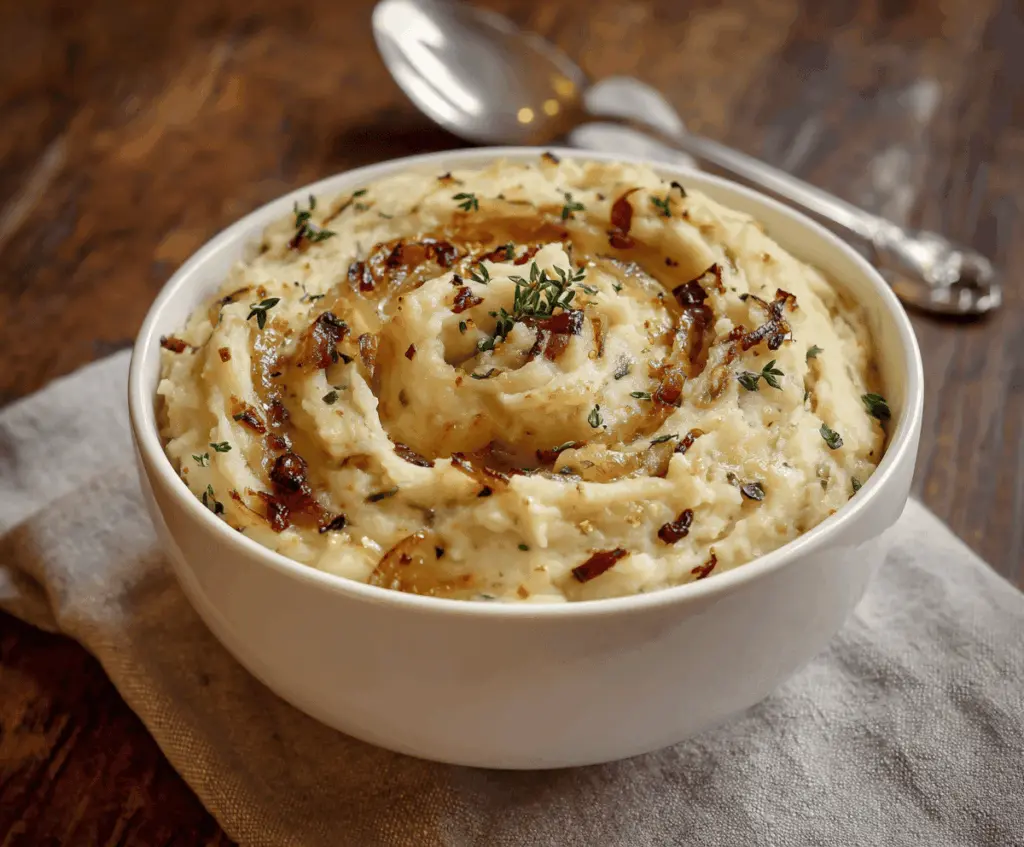 Creamy vegan caramelized onion mashed potatoes served as a delicious plant-based side dish.