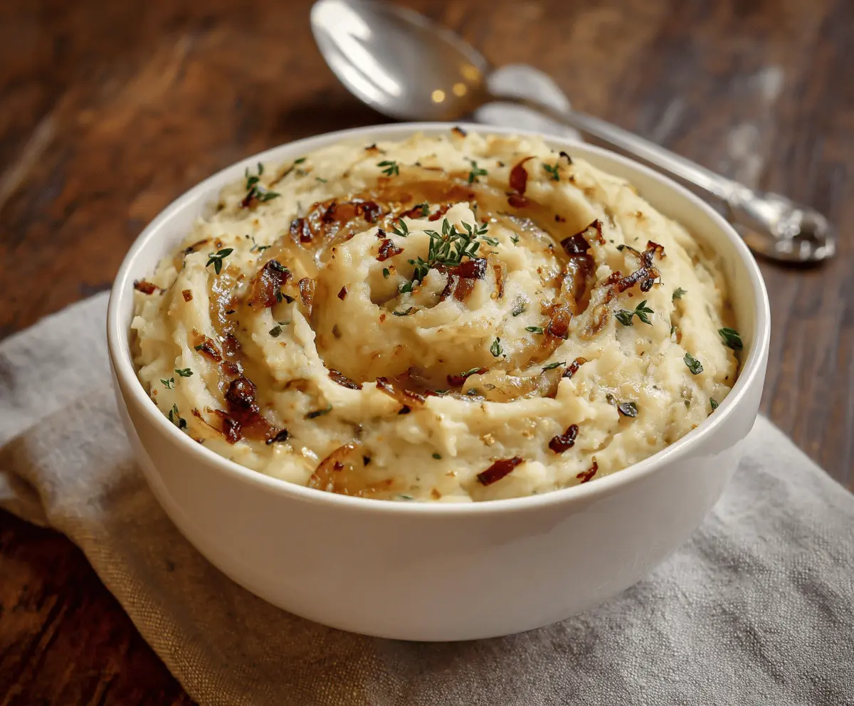 Creamy vegan caramelized onion mashed potatoes served as a delicious plant-based side dish.