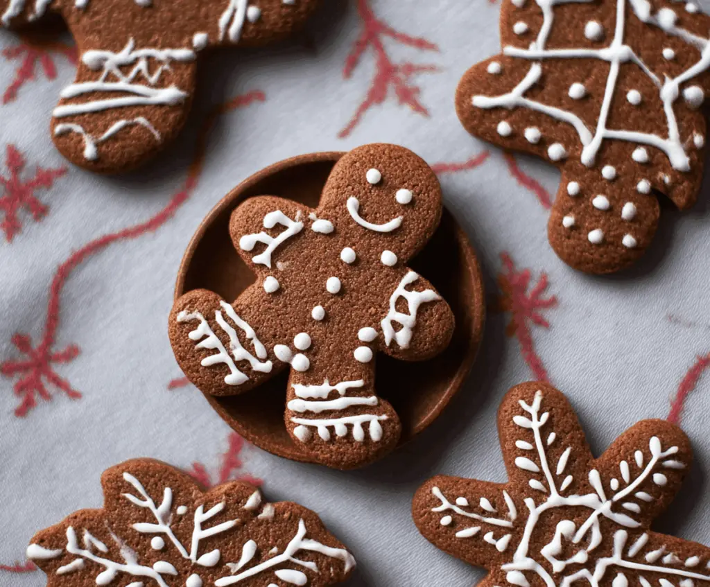 Delicious vegan gingerbread cookies decorated with festive icing on a holiday table