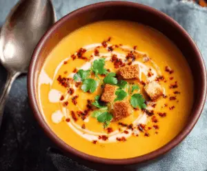 Creamy vegan sweet potato soup served in a bowl with fresh herbs and roasted sweet potatoes.