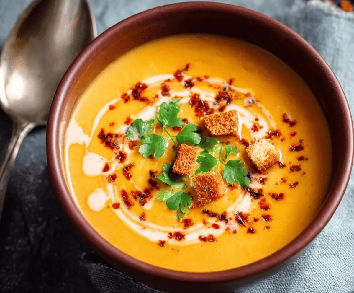 Creamy vegan sweet potato soup served in a bowl with fresh herbs and roasted sweet potatoes.