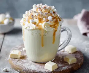 Creamy white hot chocolate topped with whipped cream and chocolate shavings in a cozy mug.