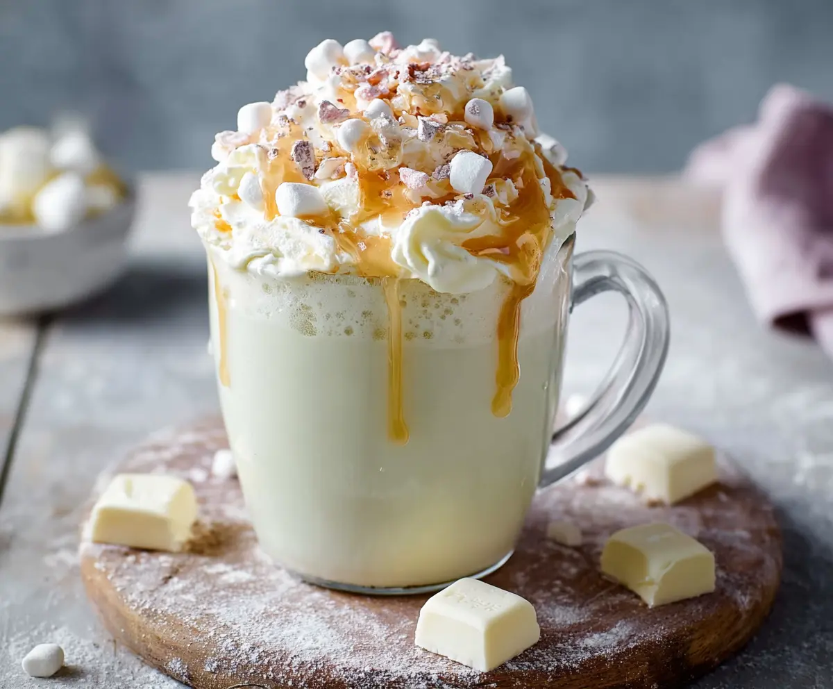 Creamy white hot chocolate topped with whipped cream and chocolate shavings in a cozy mug.
