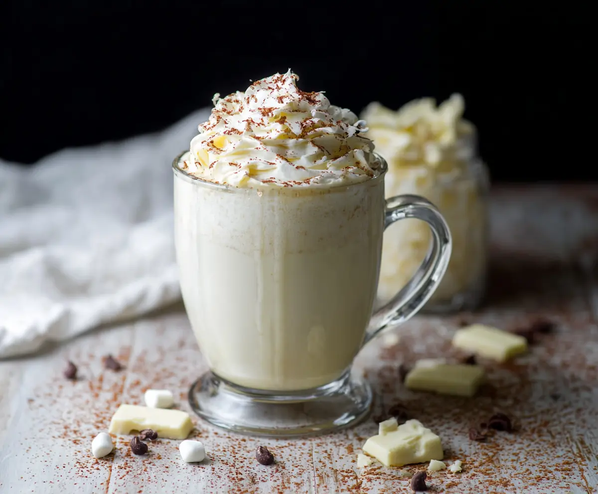 Creamy white hot chocolate in a mug with whipped cream and sprinkles, perfect for winter comfort.