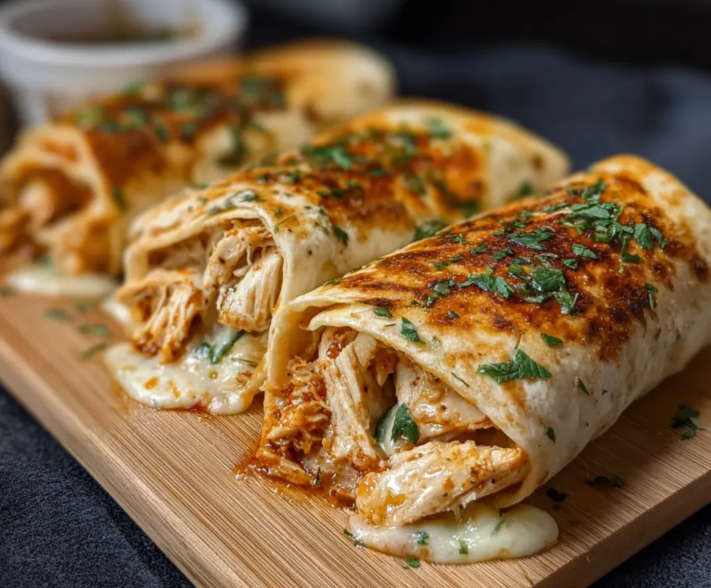 Delicious air fryer chicken and mozzarella wraps on a white plate, garnished with fresh herbs.
