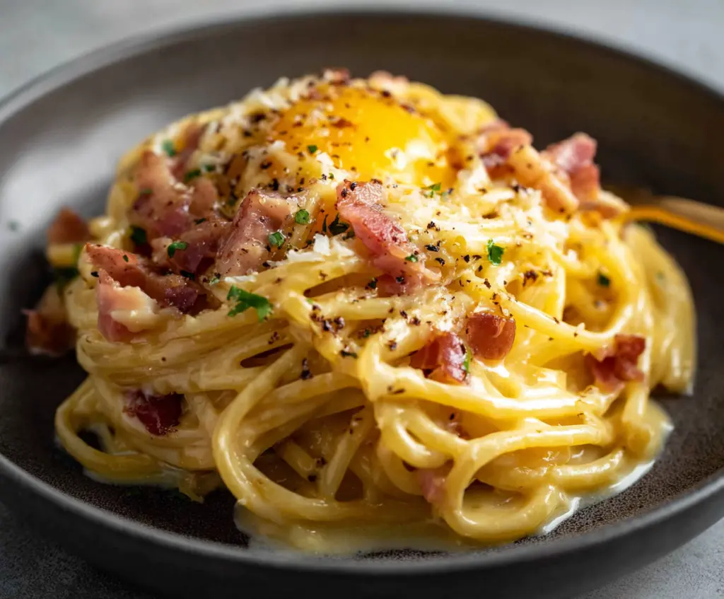 Delicious authentic Pasta Carbonara with creamy sauce, crispy pancetta, and grated Parmesan cheese.