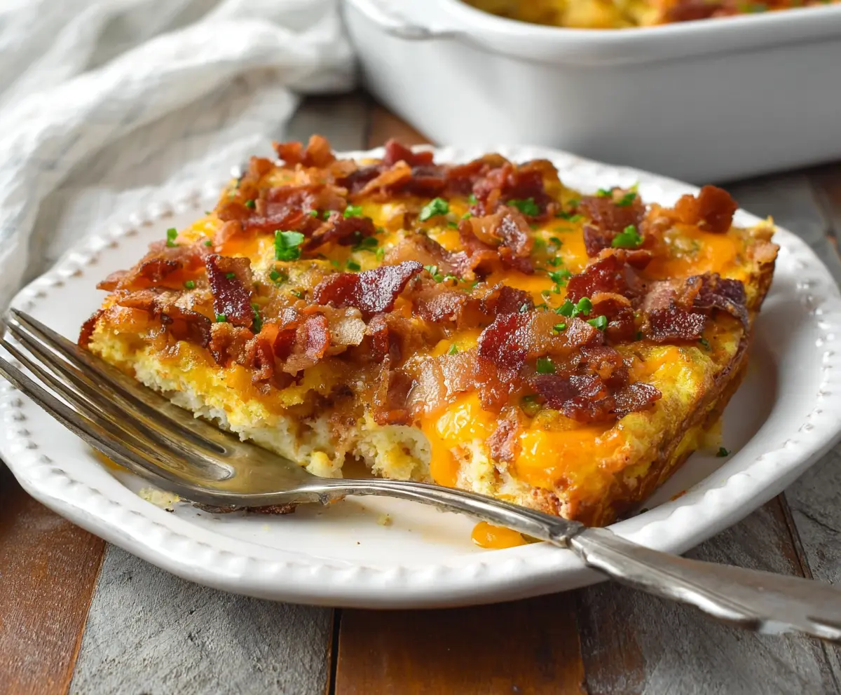 Delicious bacon breakfast casserole with eggs and cheese in a baking dish.